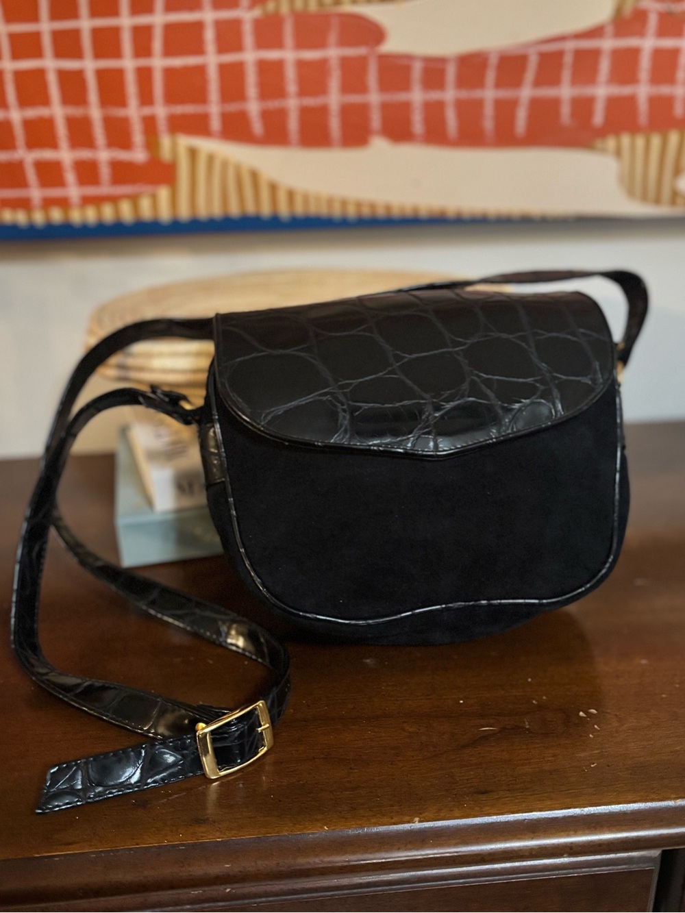 Gaucho Black Suede Faux Croc Crossbody Bag Vintage Shoulder Purse Adjustable